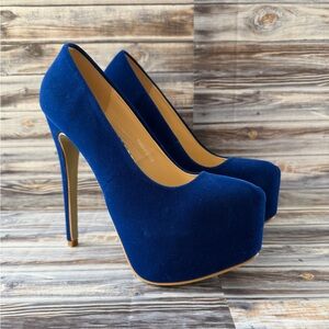 OCHENTA Women's Platform Slip On High Heels Dress Pumps Blue Velvet stilettos